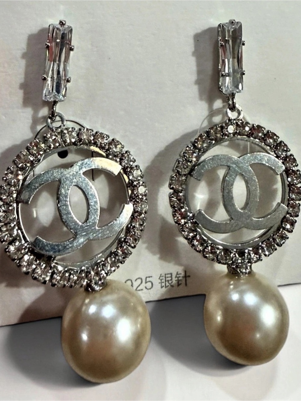 Rhinestone Circle CC Drop Earrings in Silver & White NWT